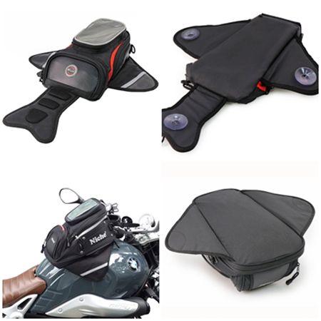motorcycle water-resistant tank bag with clear phone pouch, suction attachment and magnetic attachment system.